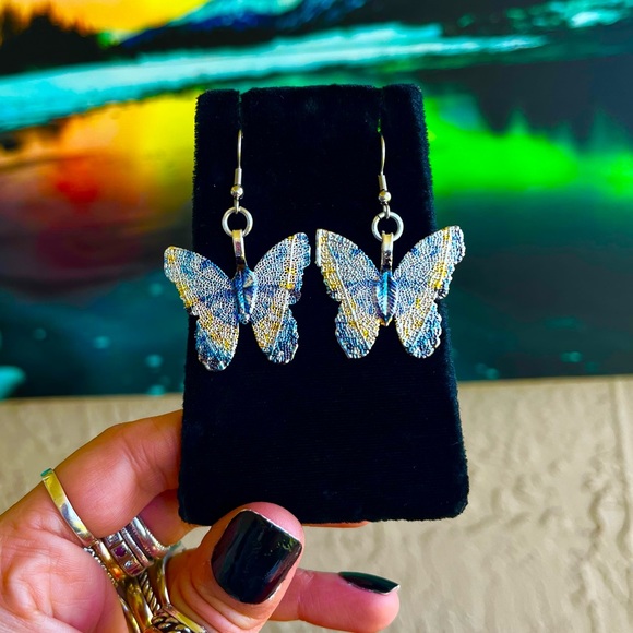 Dangly blue yellow butterfly earrings stainless steel post allergy free boho - Picture 7 of 8